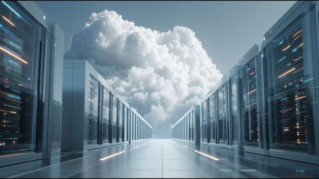 Transformation  Architecture. Cloud Infrastructure Automation. Futuristic data center with servers under a dramatic cloud backdrop