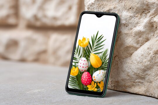 Smartphone displaying Easter eggs and spring flowers mockup