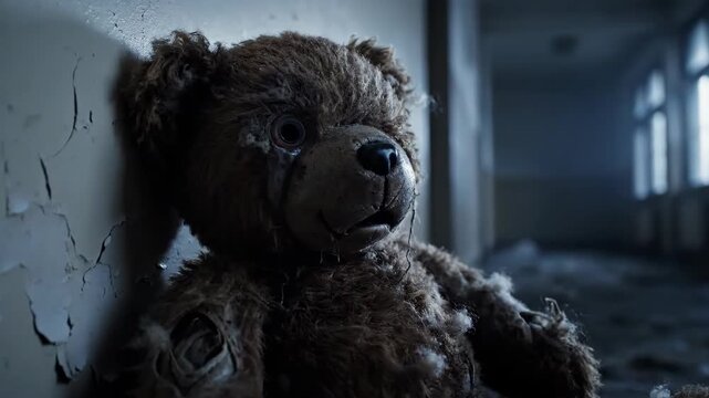 Torn teddy bear in decaying interior abandoned childhood memories