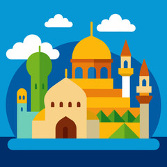Cute Cartoon Cityscape of Cairo with Nile River and Mosque Domes