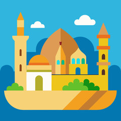 Cute Cartoon Cityscape of Cairo with Nile River and Mosque Domes