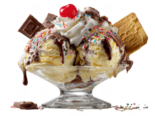Vanilla sundae with cherry and wafer isolated on transparent background