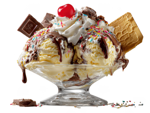 Vanilla sundae with cherry and wafer isolated on transparent background
