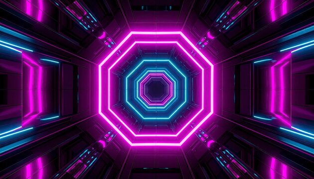 Neon Octagon Tunnel - A Futuristic Sci-Fi Corridor of Light.