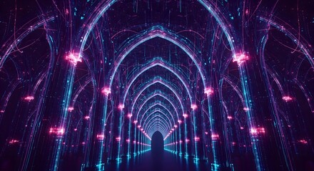 Symmetrical glowing tunnel made of digital light arches in purple and blue tones, symbolizing futuristic data flow and virtual pathways.