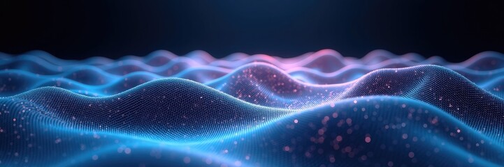 Evocative depiction of a layered, undulating surface formed from countless small, luminous points in a panoramic view; the image showcases a blend of cool blue and subtle pink hues, creating a...