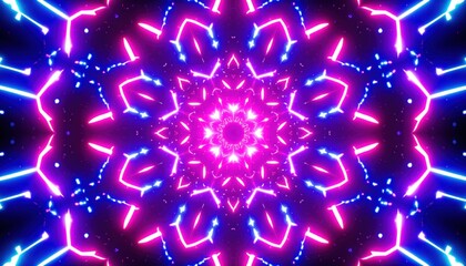 Hypnotic vibrant neon light kaleidoscope pattern creating an abstract glowing tunnel effect.