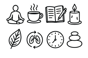 Mindful Living Icons. Mindful Living outline icons: meditation pose, tea cup, journal, candle, plant leaf, breathing symbol, clock, balanced stones.