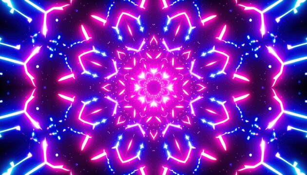 Hypnotic vibrant neon light kaleidoscope pattern creating an abstract glowing tunnel effect.