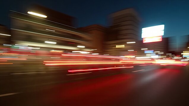 Captured with a slow shutter speed, the image presents a blurred cityscape at night, showcasing streaks of car taillights and the glow of streetlights.