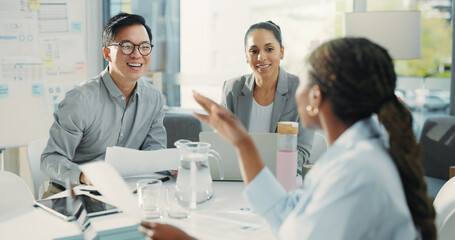 Meeting, discussion and team with business people in office for research, planning and account...