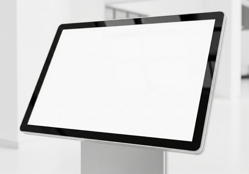 Modern digital kiosk screen in a bright, minimalist interior, perfect for advertising or interactive displays