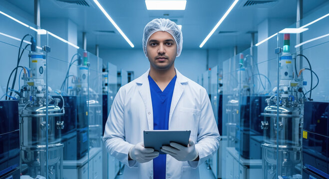 a modern biotechnology and pharmaceutical laboratory environment, focusing on research, analysis, clinical processes