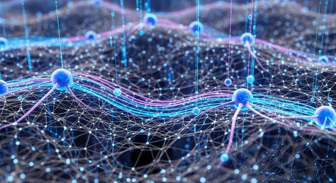 Macro digital background showing a blue network of interconnected data nodes representing online communication and information systems.