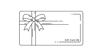 Minimalist line art illustration of a sleek gift card adorned with a elegant ribbon bow, perfect for a thoughtful present, shopping voucher, or special occasion surprise