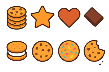 Vibrant Cookie Icons. Sweet Cookies Pack flat icons: cookie stack, star cookie, heart biscuit, chocolate chunk, sandwich cookie, round cookie, sprinkle top, bite mark