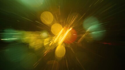 Dynamic visual representation featuring streaks of light radiating outwards from a central focal point, combined with softly blurred circles, exhibiting warm yellow and cool green hues against a dark.