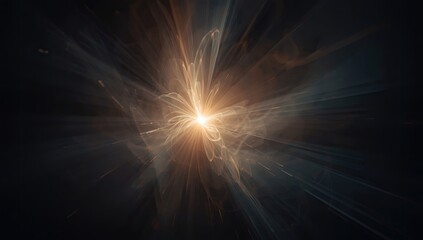 Obraz premium A striking abstract composition depicts a radiant, glowing center emitting ethereal, light-filled strands against a dark background, evoking a sense of energy and cosmic illumination within the frame.