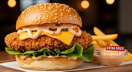 Delicious Fried Chicken Burger with Fries and Spicy Sauce