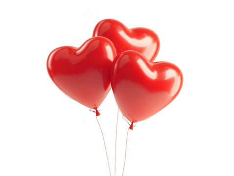 Three red heart balloons floating isolated on transparent background