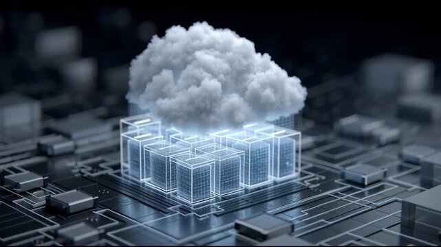Transformation  Architecture. Cloud Infrastructure Automation. A digital representation of cloud infrastructure over a circuit board.
