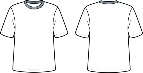 Basic unisex t-shirt flat fashion sketch front and back view, short sleeve casual apparel template, clothing CAD vector design