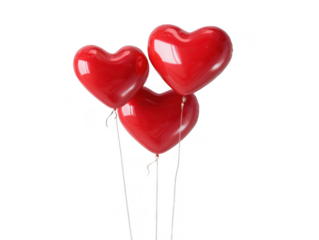 Three red heart balloons tied together isolated on transparent background