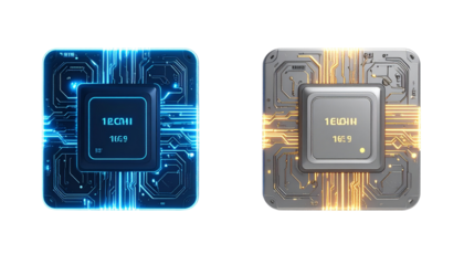 Pair of Abstract AI Chip and Processor Core Variations isolated on transparent background