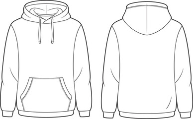 Blank hoodie flat vector template front and back view, casual unisex sweatshirt fashion design, clothing mockup for apparel design