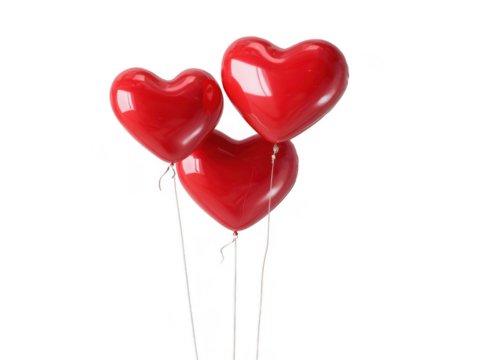 Three red heart balloons tied together isolated on transparent background