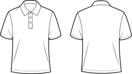 Blank polo shirt flat vector template front and back view, short sleeve casual fashion clothing design, unisex apparel mockup illustration