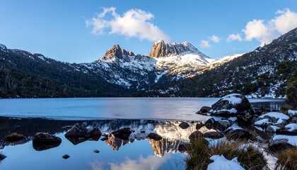 A serene winter scene with a snow-capped mountain range reflected in calm, glassy water. Snowy banks and sparse greenery