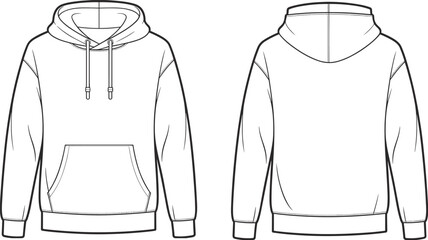 Blank hoodie flat vector template front and back view, unisex long sleeve pullover sweatshirt fashion design, clothing mockup