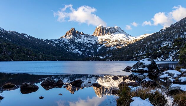 A serene winter scene with a snow-capped mountain range reflected in calm, glassy water. Snowy banks and sparse greenery