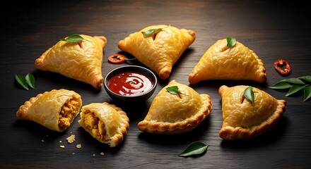 Delicious and golden baked samosas with a side of dipping sauce and fresh herbs, perfect for snacks