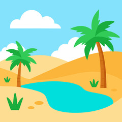 
Cute Cartoon Oasis with Palm Trees and Sand Dunes