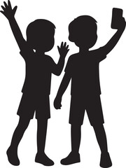 children taking selfie and raising hands in joyful pose silhouette vector illustration