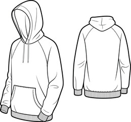 Hoodie sweatshirt flat vector side front and back view, pullover hooded top, casual unisex fashion apparel technical drawing illustration