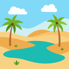 
Cute Cartoon Oasis with Palm Trees and Sand Dunes
