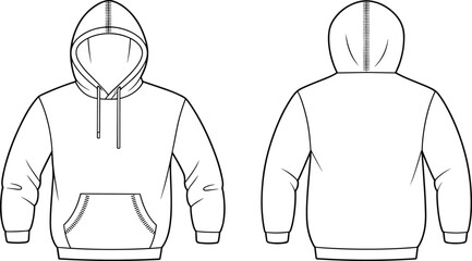 Hoodie sweatshirt flat vector front and back view, pullover hooded top design, casual unisex apparel technical drawing illustration