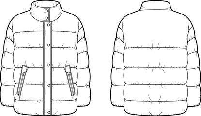 Puffer jacket flat vector front and back view, winter outerwear design template, quilted down coat fashion mockup illustration