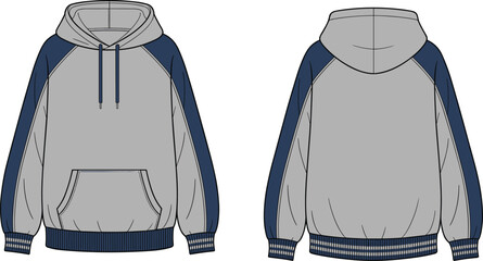 Two tone hoodie sweatshirt flat vector front and back view, casual pullover hooded top, fashion apparel design illustration template