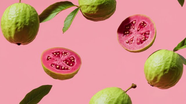 Vibrant pink guava halves and whole fruits cascade dynamically against a cheerful pink backdrop, 4K