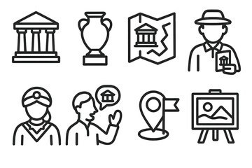 Cultural Tour Icons. Cultural Tour Guide linear icon set: temple, artifact, museum map, guidebook, local costume, storytelling figure, flag marker, art display.