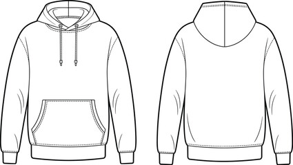 Unisex hoodie flat fashion sketch front and back view, casual pullover sweatshirt technical drawing, apparel CAD vector template design