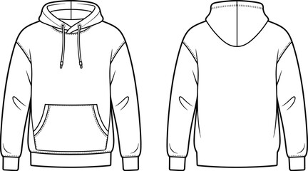 Unisex hoodie sweatshirt flat vector template front and back view, casual pullover with pocket and hood, fashion CAD drawing