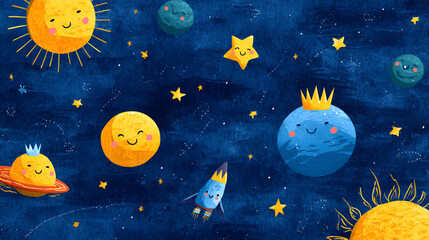 Planets and Stars Cartoon Illustration in Space
