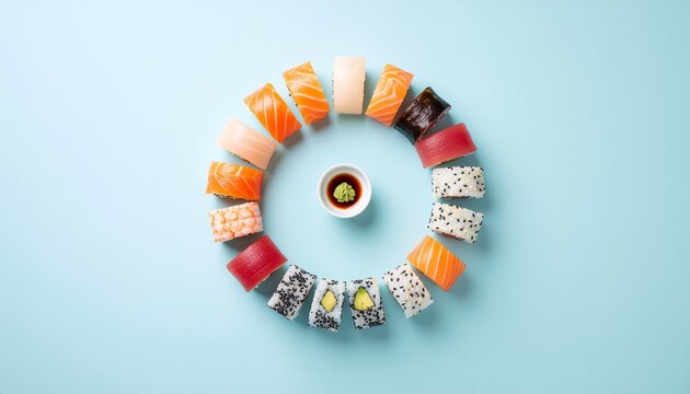 Assorted sushi set with salmon tuna and maki rolls arranged in a circle on a light blue background.