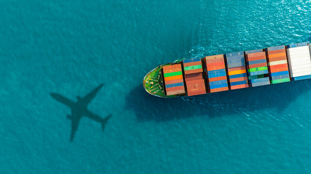 Aerial view of the freight shipping transport system cargo ship container. international transportation Export-import business, logistics, transportation industry concepts	
