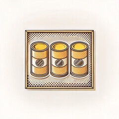 Colorful canned food illustration, artistic design, three cans, retro style, copy space